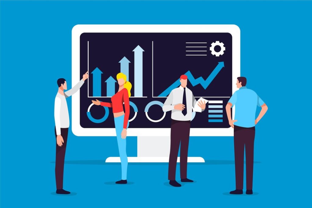 Business professionals analyzing data and technology solutions